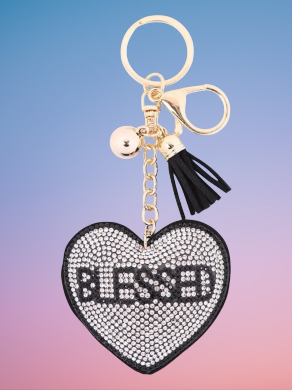 BLESSED - Puffy Rhinestone Keychain/Purse Charm with Tassel